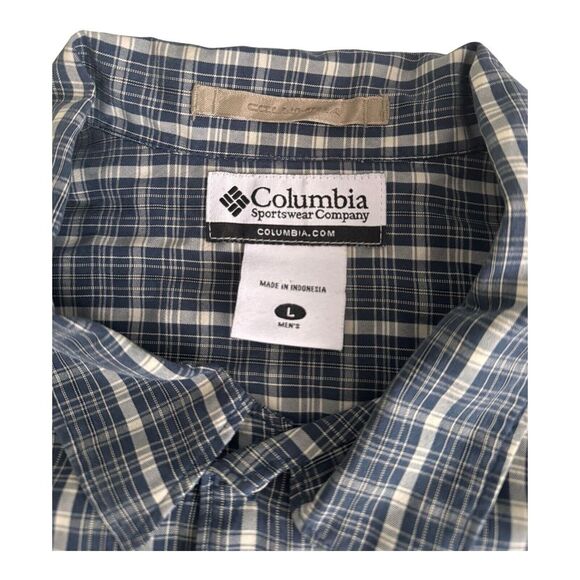 Columbia Men's Short Sleeve Shirt Blue & Cream Plaid with Invisible Pocket Modal - Picture 2 of 4